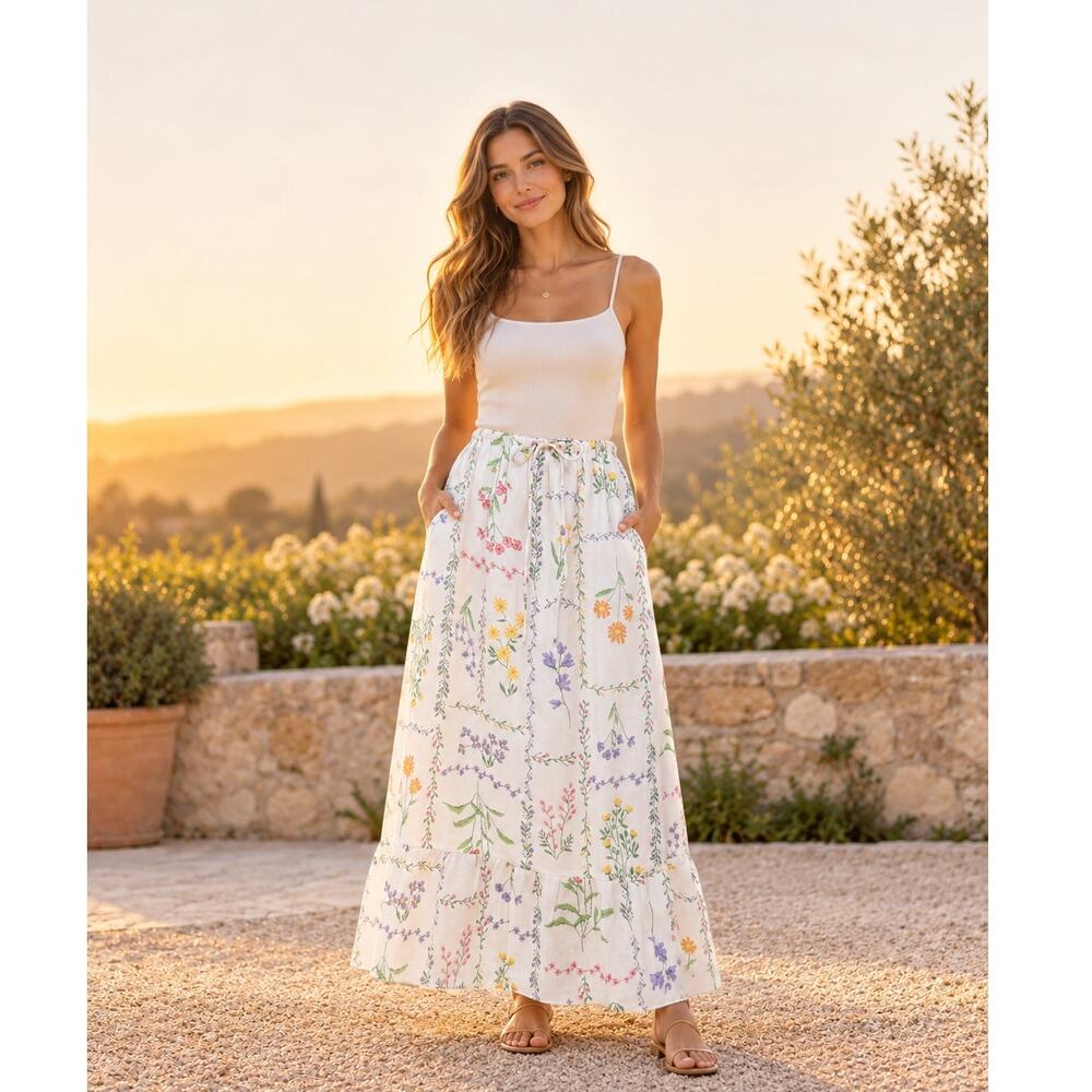 Baevely White Wildflower Floral Drawstring Pocket Maxi Skirt S NWT Lined